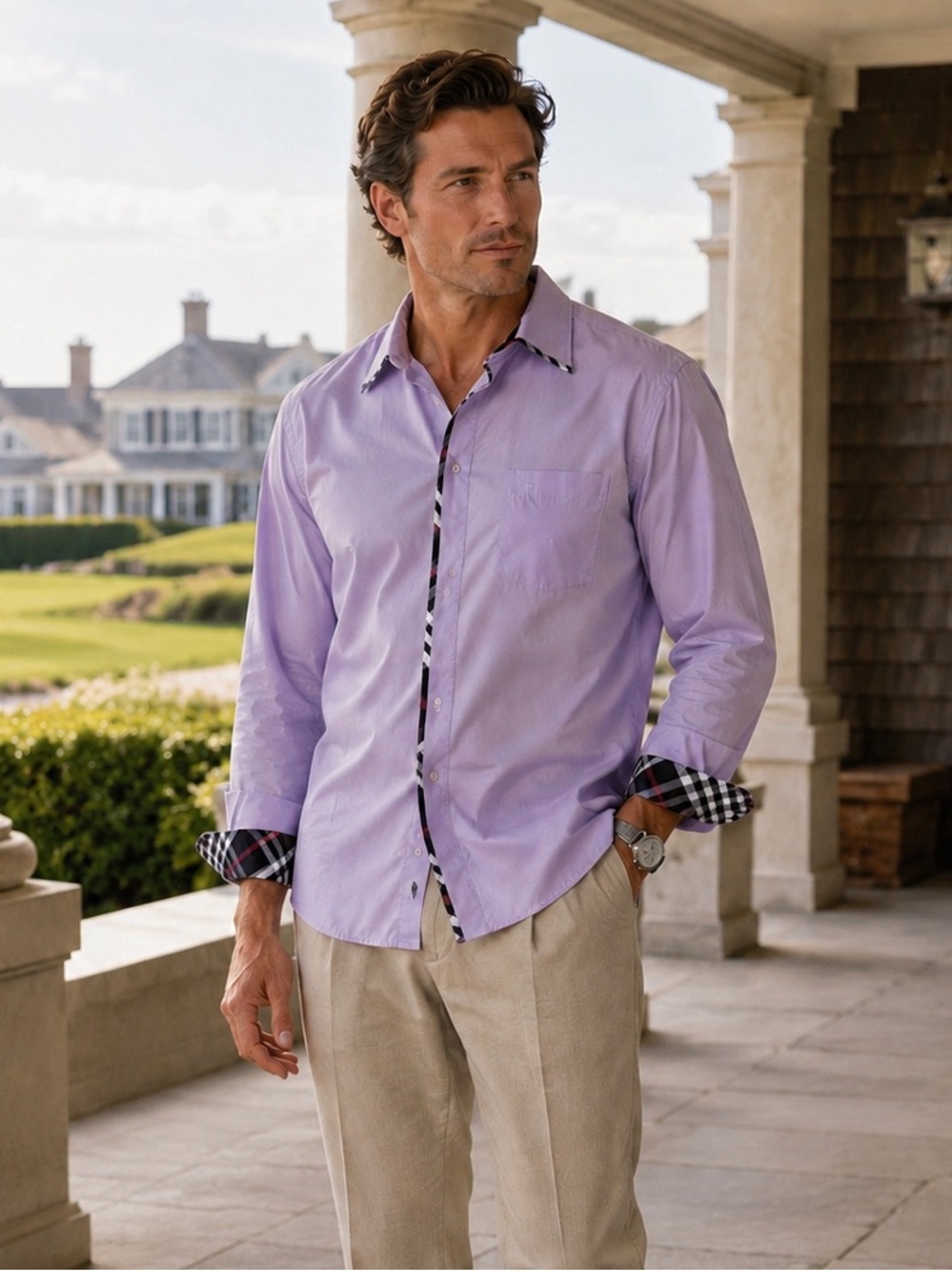 purple dress shirt with khaki pants 9 Purple Shirt Matching Pant Ideas For Men To Look Stylish